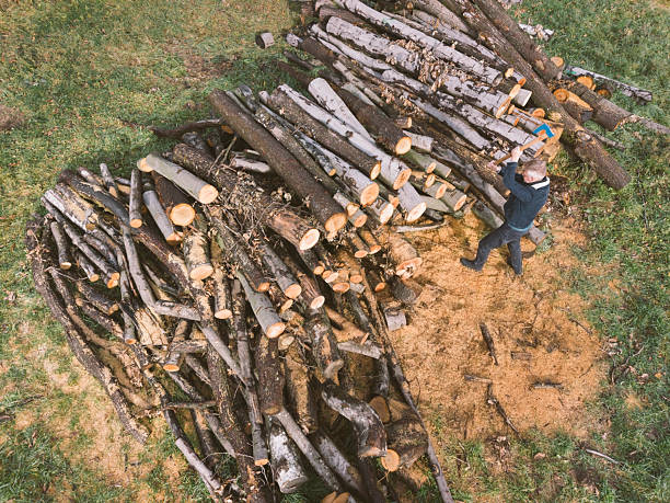 Man with axe prepare to chop timber for firewood in his backyard, prepare for winter