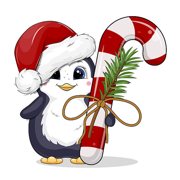 istock Cute cartoon penguin with Christmas candy cane. 2250559888