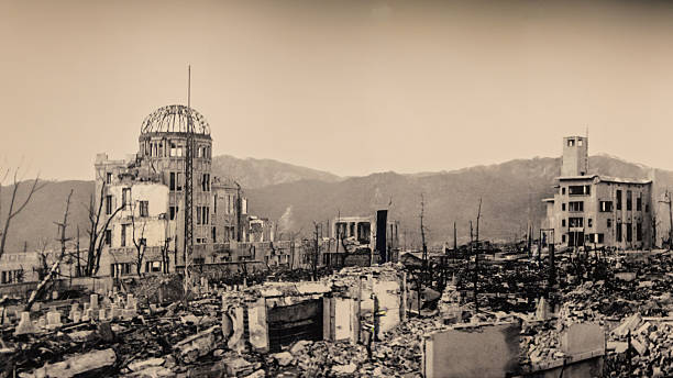 Hiroshima, Japan - March 20, 2025: Old pictures of Hiroshima showing the devastation after the atomic bomb attack in august 1945 displayed at the Peace Memorial Museum in Hiroshima Japan