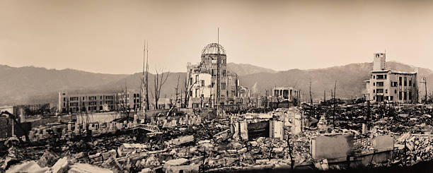 Hiroshima, Japan - March 20, 2025: Old pictures of Hiroshima showing the devastation after the atomic bomb attack in august 1945 displayed at the Peace Memorial Museum in Hiroshima Japan