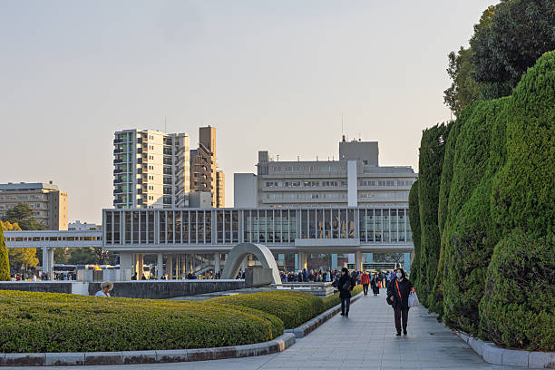 Hiroshima, Japan - March 20, 2025: Scenic view Cenotaph for the A-Bomb Victims in Hiroshima Peace memorial mueseum and park in Japan