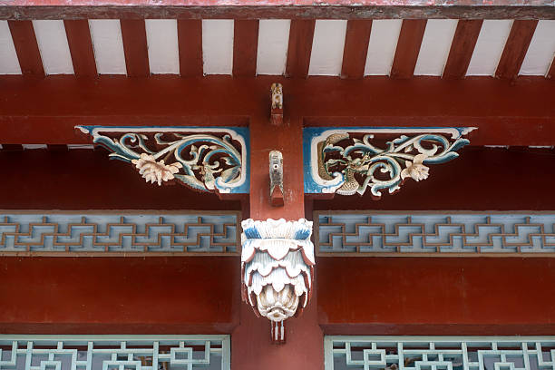 A close-up view of an ornate ceiling featuring intricate patterns and vibrant colors, showcasing traditional Chinese craftsmanship. The image highlights the detailed design elements typical of classical Chinese architecture.