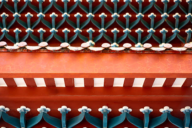 A close-up view of an ornate ceiling featuring intricate patterns and vibrant colors, showcasing traditional Chinese craftsmanship. The image highlights the detailed design elements typical of classical Chinese architecture.