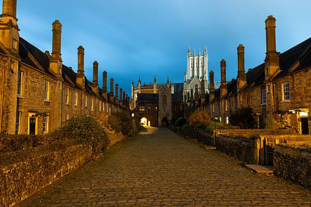 Night photo of Vicars close in Wells the oldest residential street in Europe