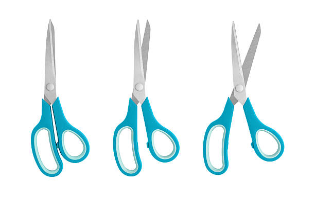 A set of blue handled scissors shown in closed, half-open, and open positions on a white background. Featuring sharp stainless steel blades and ergonomic grips, ideal for office, craft, or educational use in isolated view.
