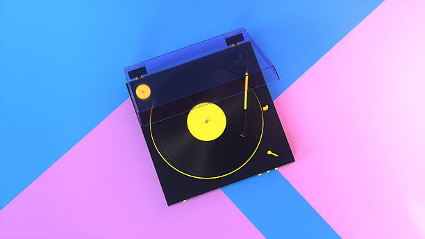 istock Modern 3D Vinyl Record Player with Transparent Cover on Colorful Geometric Background 2250580257