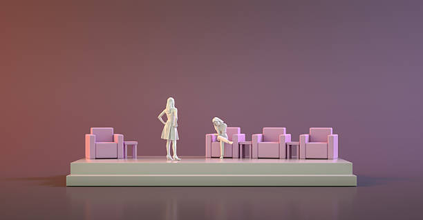 Stylized 3D talk-show stage with two female figures and pastel armchairs on a minimal platform. Soft purple-pink studio lighting creates a calm, modern event atmosphere.