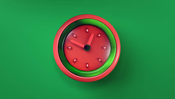 A vibrant 3D-rendered clock designed in playful watermelon colors, featuring a glossy red face and green outer ring against a bright green background.