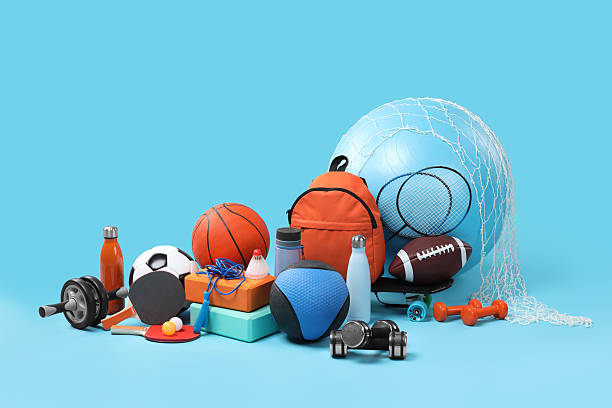 istock Many different sports equipment on light blue background 2250586781