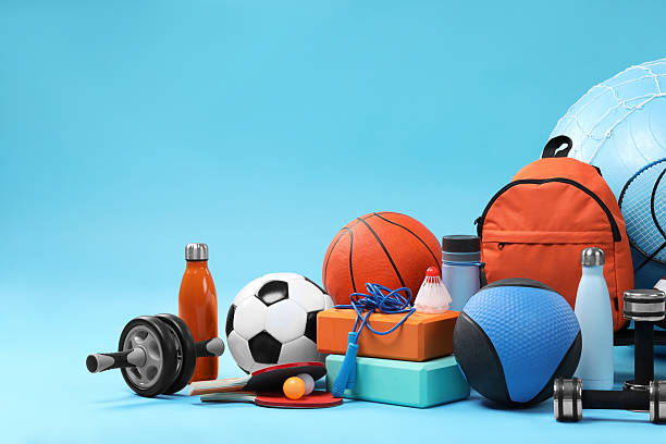 istock Many different sports equipment on light blue background, space for text 2250586890