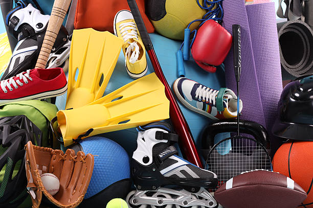 istock Many different sports equipment as background, top view 2250587007