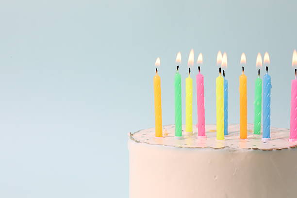 istock Birthday cake with candles on colored background 2250589751