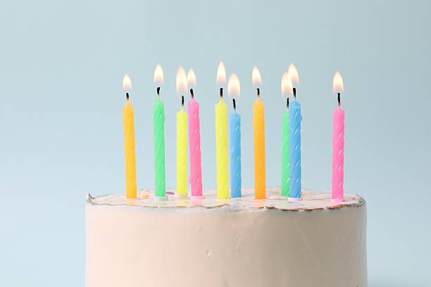 istock Birthday cake with candles on colored background 2250589795