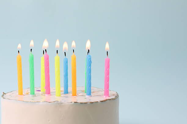 istock Birthday cake with candles on colored background 2250589797