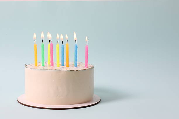 istock Birthday cake with candles on colored background 2250589799