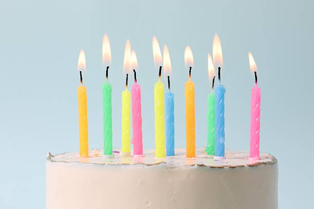 istock Birthday cake with candles on colored background 2250589853