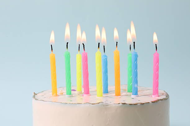 istock Birthday cake with candles on colored background 2250589856