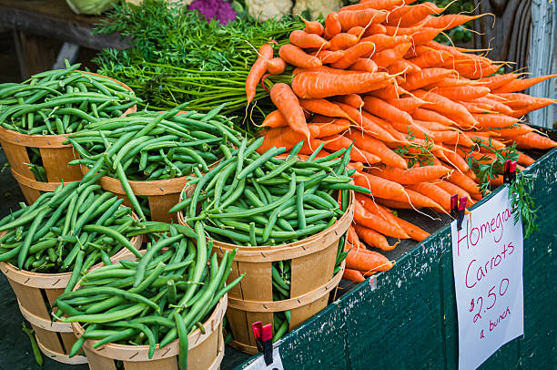 Baskets of locally grown fresh green beans and carrots at a Lancaster County, Pennsylvania farmers' market.