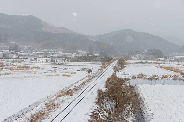 it is Snowy scenery and railroad tracks in Yufuin (Yufuin, Yufu City, Oita Prefecture)