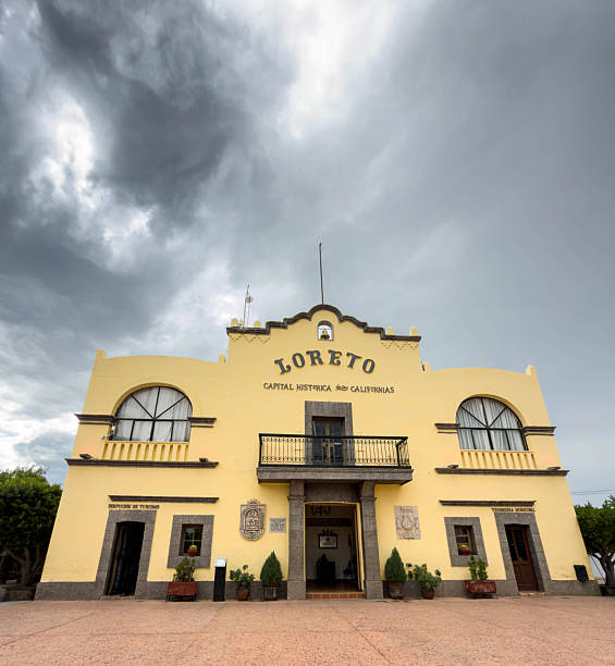 Loreto, Baja California Sur, Mexico -- November 19, 2025: Wide angle view of Loreto City Hall, Palacio Municipal in Loreto, Mexico. It is now an exhibition hall where visitors can learn Loreto history and see its art.