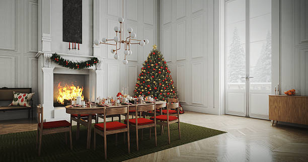 istock Elegant Christmas Dinner Setup in a Bright Hall With Christmas Tree, Fireplace, and Festive Décor 2250625206