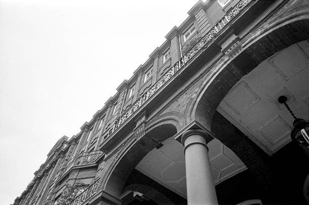istock Vintage building facade with arches and columns in monochrome 2250630093