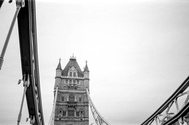 Grainy monochrome analog photography from a vintage 35mm film camera captures the majestic tower bridge in london, emphasizing its architectural details and historical significance