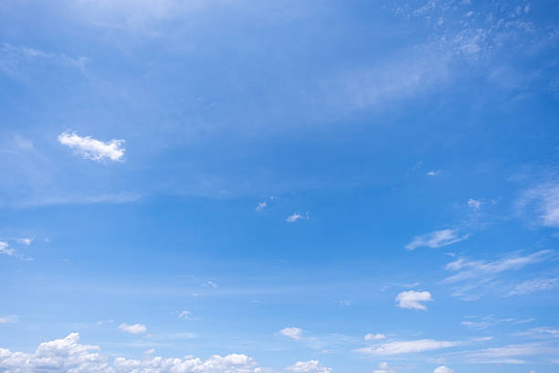 istock Panoramic view of clear blue sky and clouds, Blue sky background with tiny clouds. White fluffy clouds in the blue sky. Captivating stock photo featuring the mesmerizing beauty of the sky and clouds. 2250636077