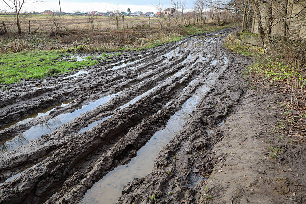 istock A broken dirt road, transformed into a deep, muddy mess with water-filled ruts, stretches towards agricultural fields on the horizon. 2250640136