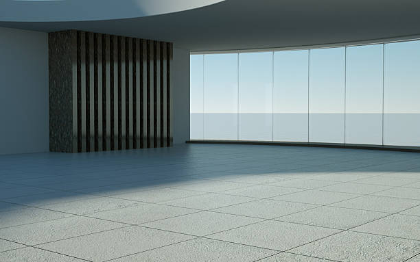 istock Modern empty room with large windows and minimalist design 2250640321