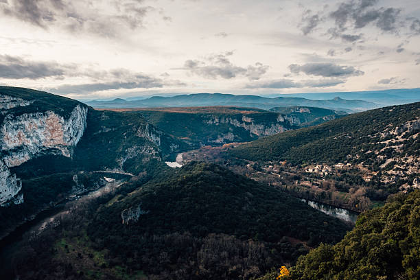 Impressive landscape within the gorge of Ardeche with high cliffs in France
