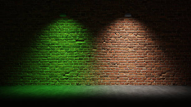 istock Brick Wall Background, Rough Concrete With Glowing Green and White Lights 2250643267
