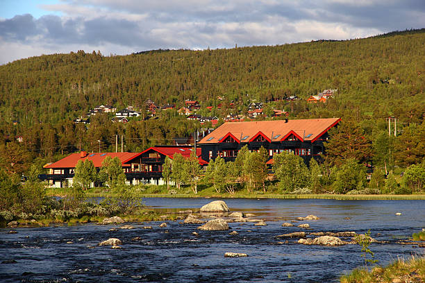 Geilo, Norway - 26 Jun 2012: Some houses close the small river in Norway