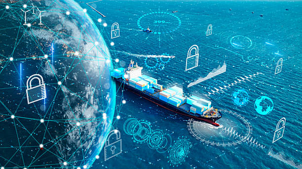istock Future Supply Chain cyber security container smart port. Ocean Carriers, Freight marine cargo ship AI technology logistics tracking digital automation freight networks. Big Data risk mitigation industry transportation trade navigating shipping 2250646647
