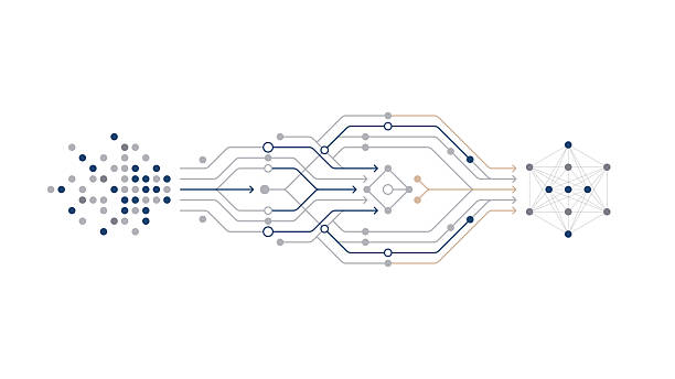 stockillustraties, clipart, cartoons en iconen met abstract visualization of data transformation process, showing raw input dots flowing through complex network into structured neural network machine learning model - node gegevens