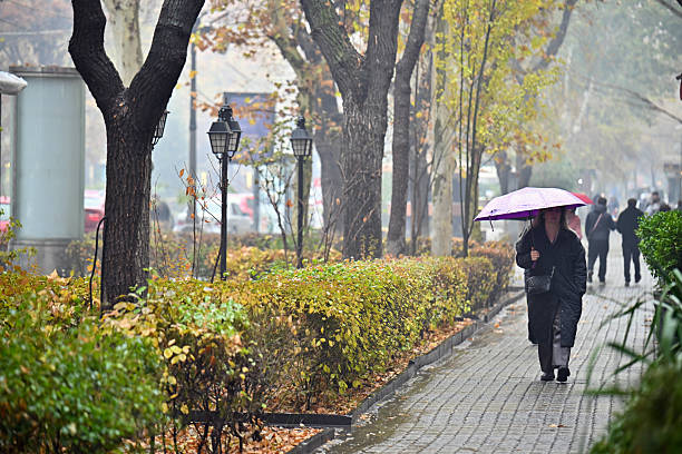 Yerevan Armenia 12.7.2025. A woman walks down a sidewalk with an umbrella, while other people walk behind her. The sky is cloudy and it is raining