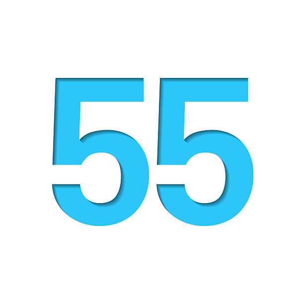 istock 55 - Number Fifty-five. Icon cut out on white paper with blue background 2250659921