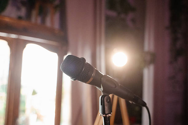 Microphone on a stand illuminated by soft light in a cozy indoor setting with warm ambiance
