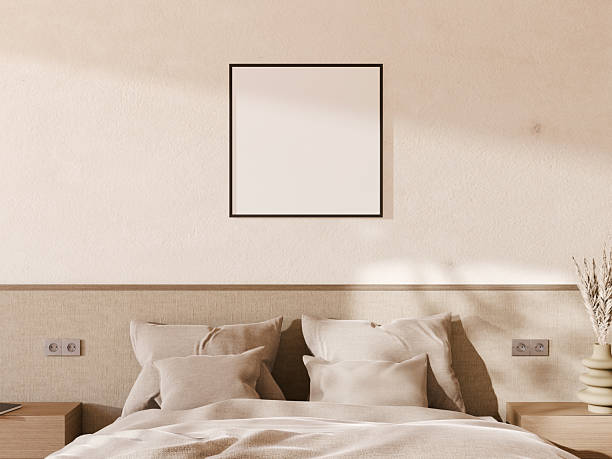istock Peaceful bedroom with a horizontal frame mockup on the wall above the bed. 2250668698