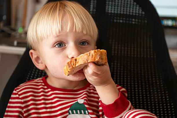 A toddler boy eating a slice of bread in the kitchen