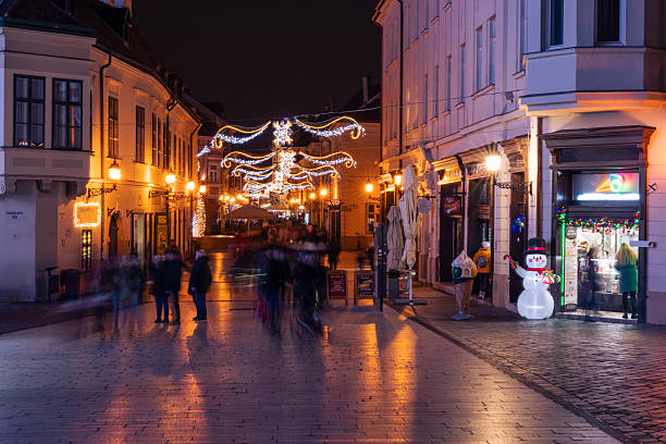 istock Festive pedestrian street with Christmas decorations at night 2250674002