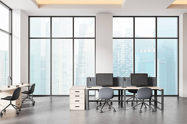 istock Modern open space office interior with ergonomic workstations, large windows and cityscape view, clean minimalist design concept rendering. 3D Rendering 2250677684
