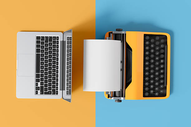 istock Modern laptop and vintage typewriter with blank paper on vibrant split background representing technology evolution and creative writing concept. 3D Rendering 2250678006