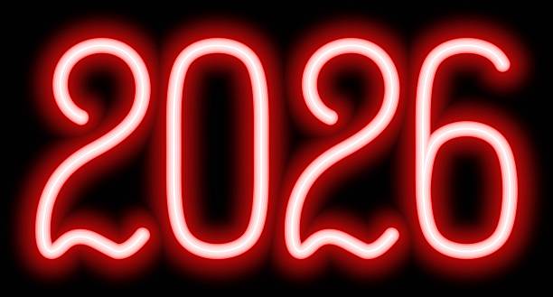 istock 2026. Neon. Red shining number. New Year. Color vector illustration. Isolated on black background. 2250678489