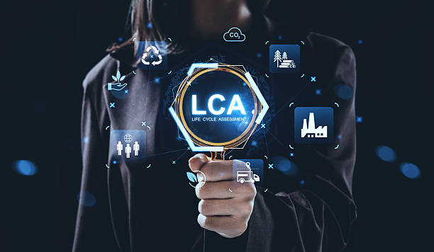 istock Life Cycle Assessment concept with futuristic interface showing sustainability and environmental analysis icons in hand of businesswoman on dark background. 2250685878