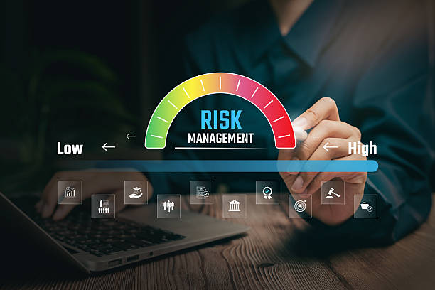 istock Risk evaluation concept, hand adjusting digital risk level bar from low to high, organizational control system, compliance monitoring, decision support analysis, stability planning improvement. 2250686223