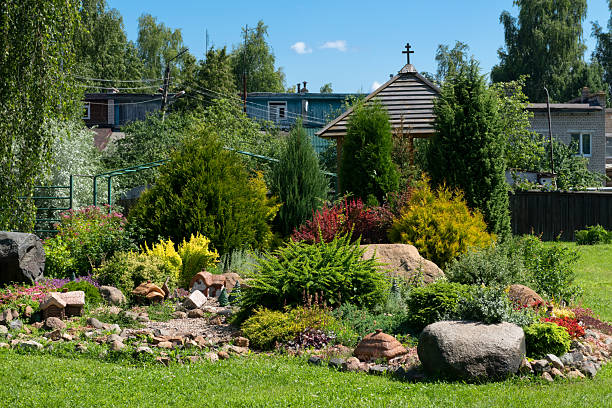 Summertime flower beds and a home.