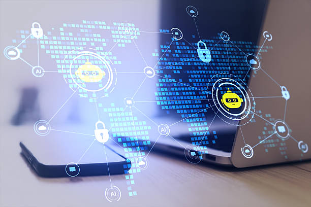 istock Chatbot and AI network visualization over smartphone and laptop on wooden desk in modern office background, symbolizing secure digital connectivity. 2250688213