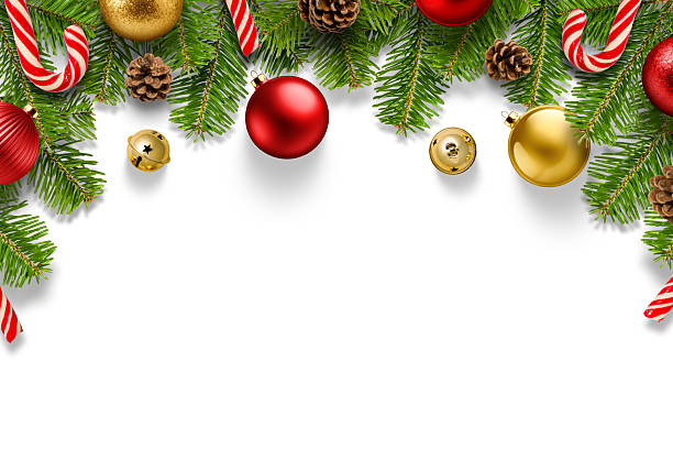istock Christmas composition with spruce branches, red and gold baubles, pine cones, candy canes and jingle bells isolated on a white background. 2250688813