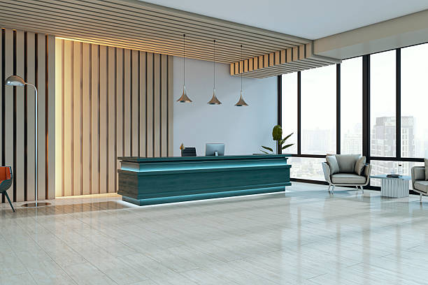 istock Modern corporate reception desk with seating area in bright office interior with large windows and wood panel ceiling design. 3D Rendering 2250688887